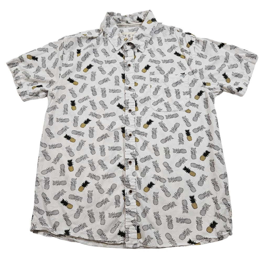 VSTR Men's White Pineapple Print‎ Short Sleeve Button Up Shirt. Size M